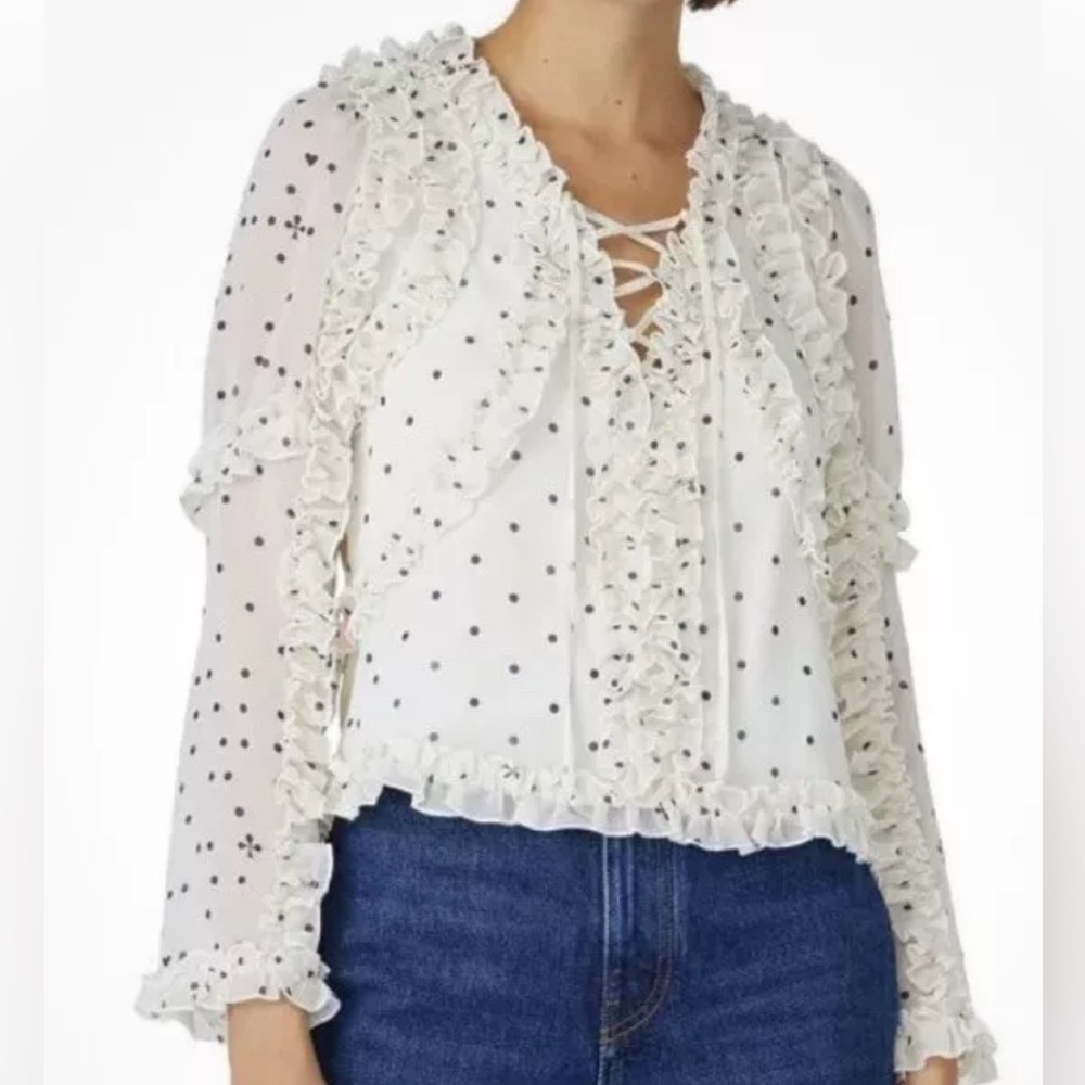 NWOT Koché Paris White Polka Dot Ruffle Small Blouse